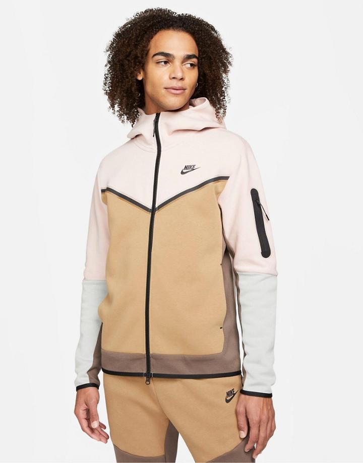 Nike Tech Fleece Full-zip Color Block Hoodie In Dusty Pink/light Brown