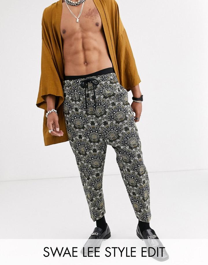 Asos Design Drop Crotch Tapered Smart Pants In Green Floral Jacquard With Drawcord Waist