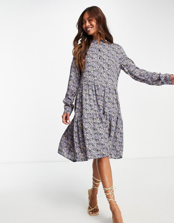 Vero Moda Midi Smock Dress In Navy Ditsy Print