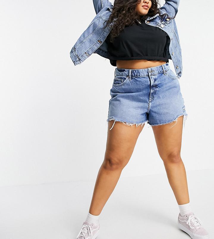River Island Plus Raw Hem Denim Mom Shorts In Mid Blue-blues