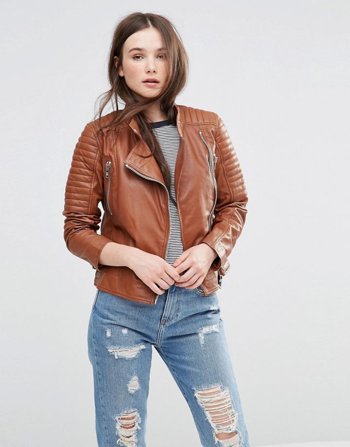 Barney's Originals Leather Biker Jacket With Quilting And Buckle Detai