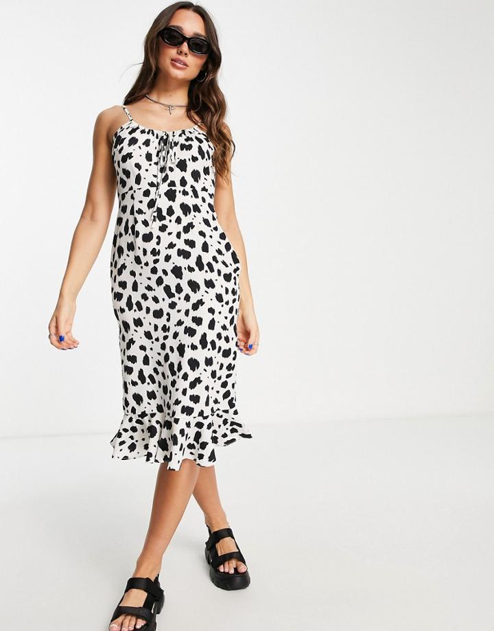 Lola May Frill Hem Midi Dress In Cow Print-white