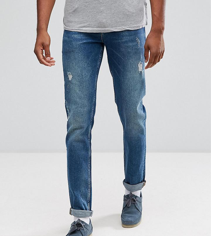 Asos Tall Stretch Slim Jeans In Dark Wash Vintage With Abrasions - Blue