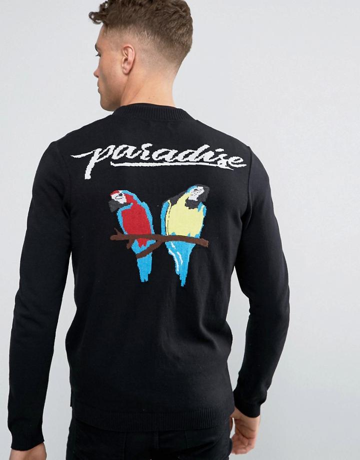 Asos Knitted Souvenir Bomber Jacket With Paradise Design - Black