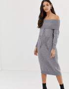 Liquorish Off Shoulder Sweater Midi Dress With Star Design - Gray
