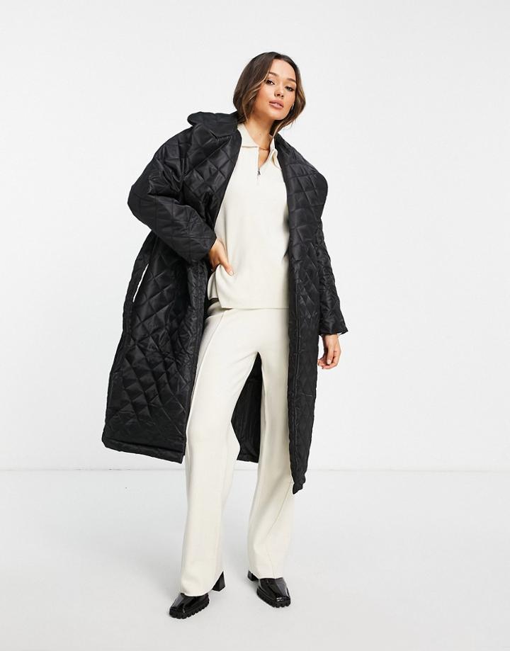 Asos Design Quilted Padded Trench Coat With Belt In Black