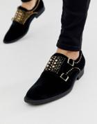 Asos Design Monk Shoes In Black Velvet With Studding Detail