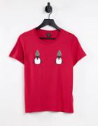Monki Cotton Christmas Penguin Print T-shirt In Red - Red