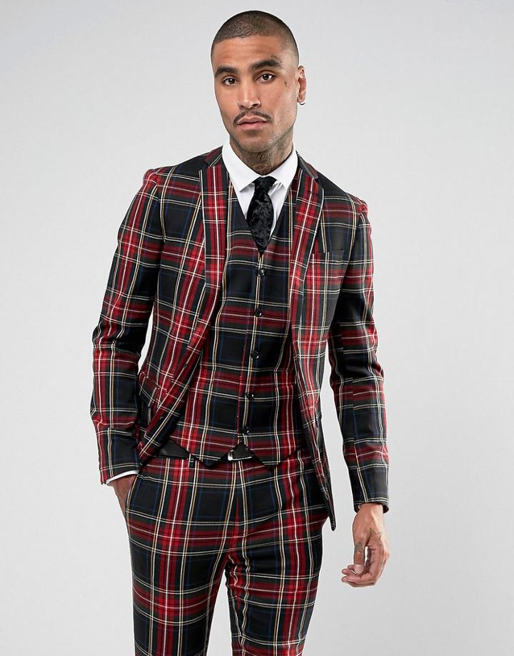 Devils Advocate Super Skinny Plaid Suit Jacket - Black