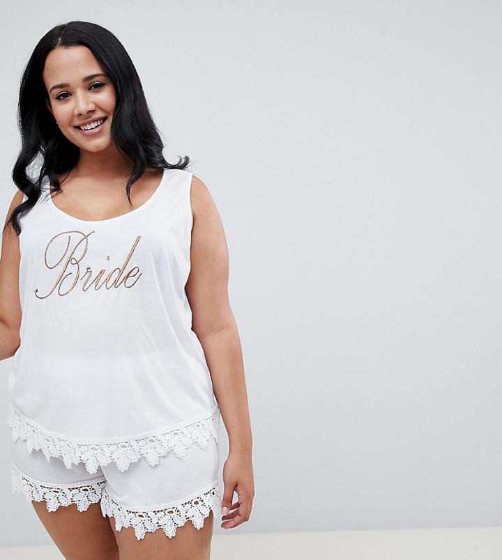 Asos Design Curve Bride Vest And Short Pyjama With Lace Trim - White