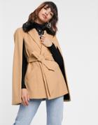 River Island Cape Jacket With Contrast Faux Fur Collar In Camel-tan