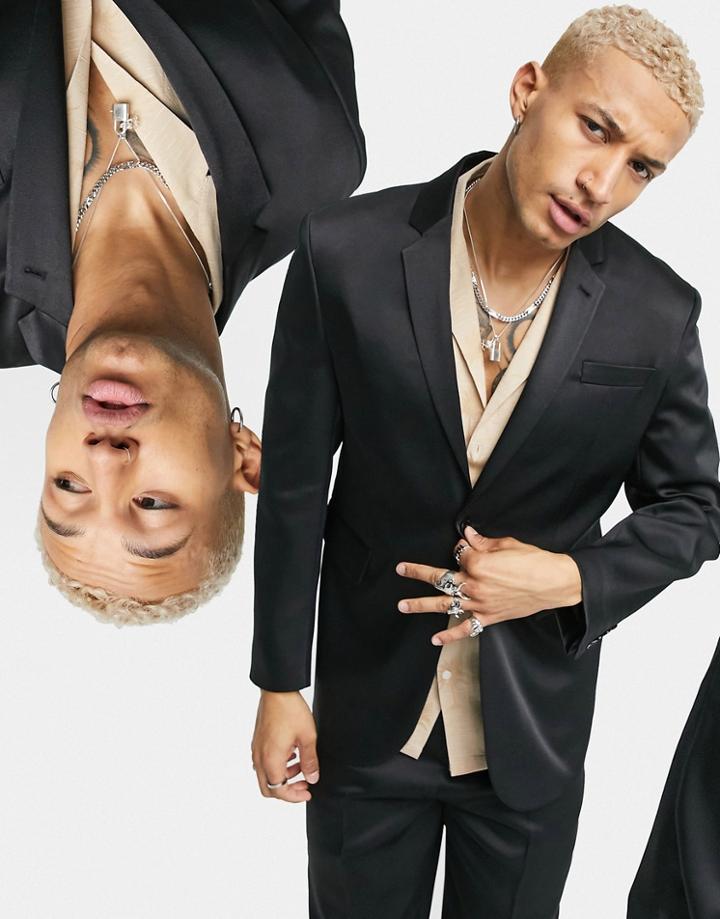 Asos Design Skinny Tuxedo Suit Jacket With Power Shoulder In Black High Shine