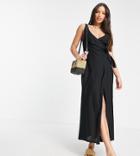 Asos Design Tall Linen Wrap Maxi Dress In Black