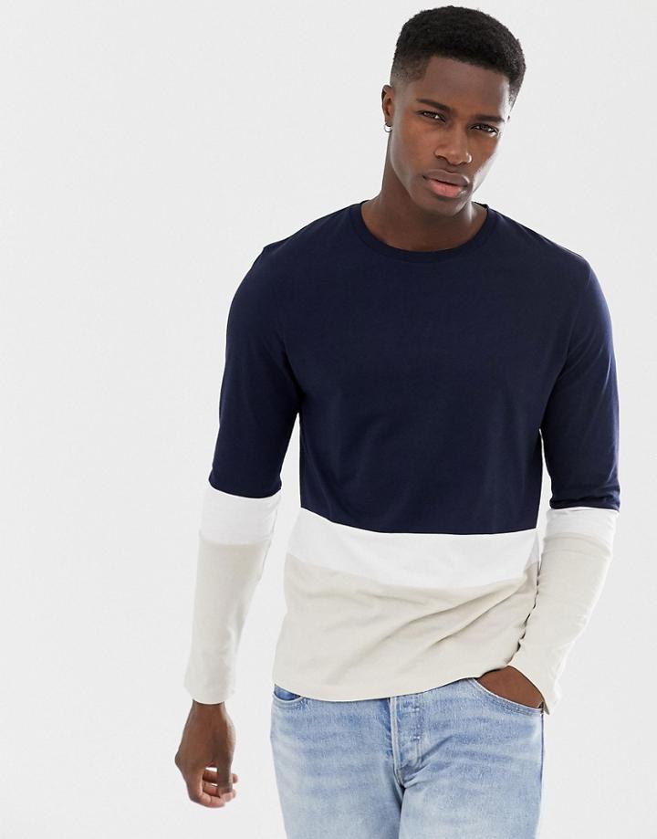 Celio Long Sleeve Color Block T-shirt In Navy - Navy