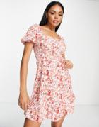 Parisian Shirred Front A Line Mini Dress In Floral Print