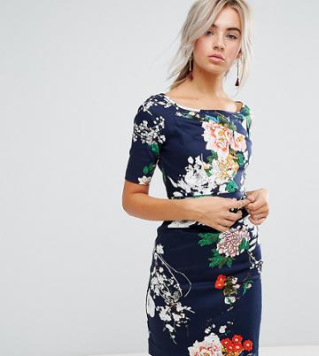 Uttam Boutique Petite Floral Print Dress With Gathered Front - Navy