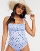 Asos Design Square Neck Ruched Bust Swimsuit In Mixed Polka Dot Print-multi