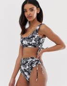 Asos Design Fuller Bust Exclusive Ruched Side Crop Bikini Top In Mono Palm Print - Multi