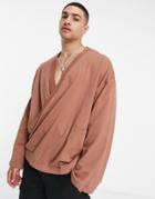 Asos Design Oversized Long Sleeve Jersey Wrap T-shirt In Brown