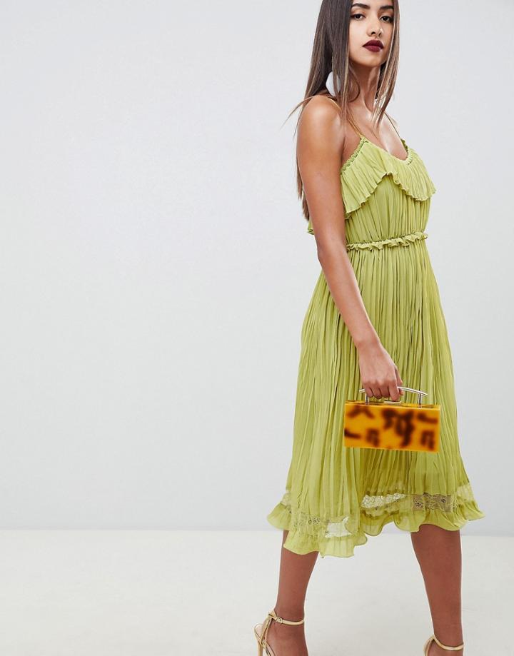 Asos Design Cami Pleat Dress With Lace Insert - Green
