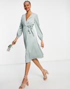 Tfnc Bridesmaid Long Sleeve Wrap Front Sateen Midi Dress With Belt In Sage-green