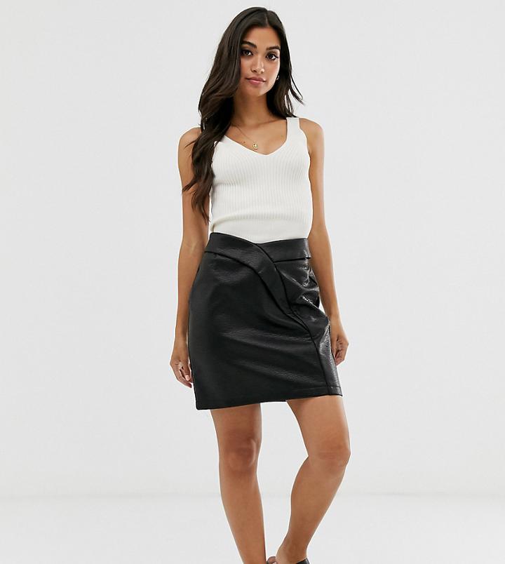 Asos Design Petite Textured Tulip Mini Skirt In Leather Look-black