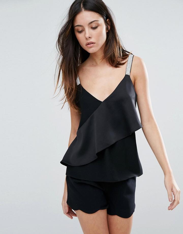 Warehouse Rhinestone Frill Front Top - Black