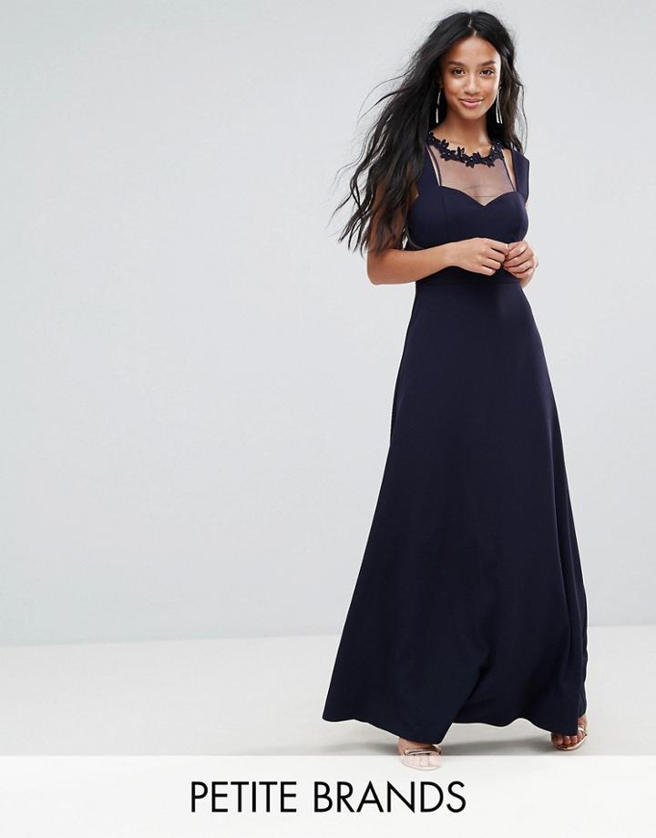 Little Mistress Petite Cold Shoulder Maxi Dress With Lace Applique Neck Detail - Navy