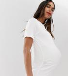 Asos Design Maternity Long Line T-shirt With Ruching Detail In White