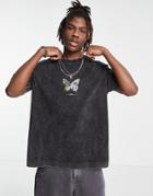 Good For Nothing Oversized T-shirt In Black Acid Wash With Butterfly Print