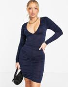 Rebellious Fashion Ruched Detail Slinky Mini Dress In Navy Blue