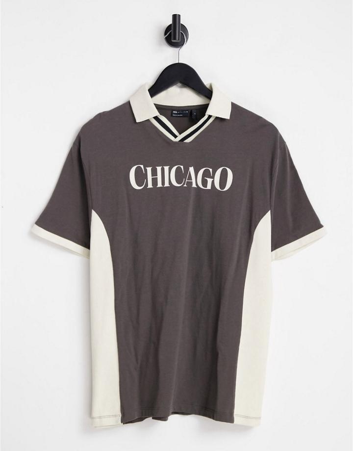 Asos Design Relaxed Revere Polo T-shirt In Black With Chicago Print - Black