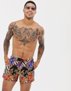 Asos Design Swim Shorts With Baroque Print And Stripe Base In Short Length - Multi