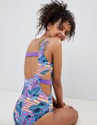 Monki Stripe Tropical Cut Out Side Swimsuit - Multi