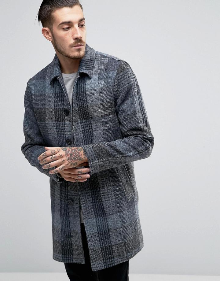 Asos Harris Tweed Trench Coat In Blue Check - Blue