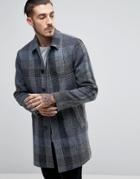 Asos Harris Tweed Trench Coat In Blue Check - Blue