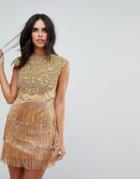 A Star Is Born Heaily Flower Embelished Tassle Mini Dress - Gold