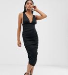 Asos Design Plunge Midi Dress With Ruching Detail - Black