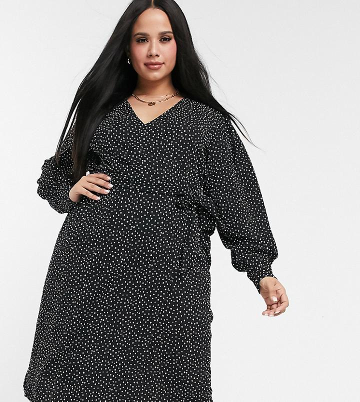 River Island Plus Polka Dot Wrap Mini Dress In Black