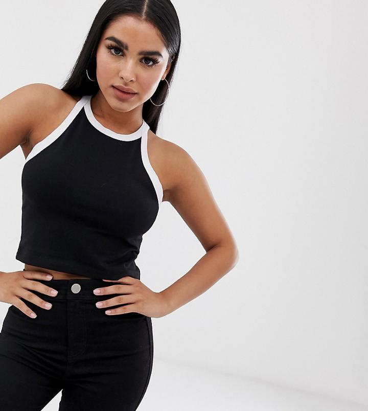 Asos Design Petite Crop Top With Tipped High Neck In Black