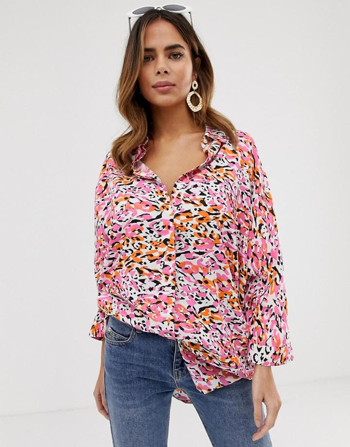 Asos Design Oversized Long Sleeve Shirt In Leopard Animal Print - Multi