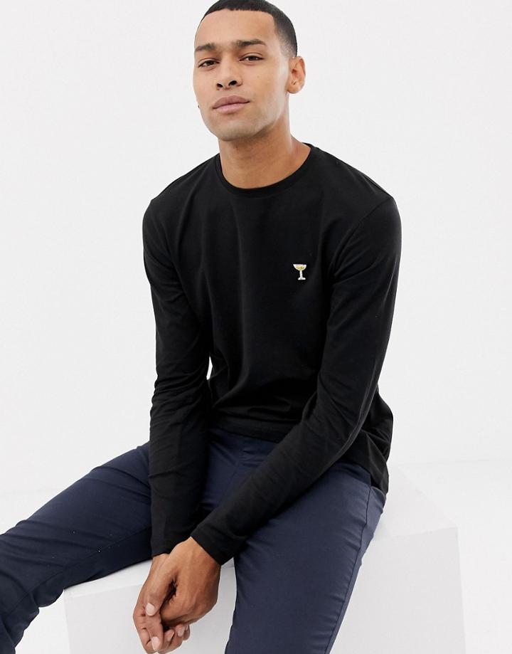 Solid Long Sleeve Embroidered Logo Top In Black - Black