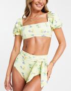 Asos Design Puff Sleeve Bikini Top In Lemon Print-multi