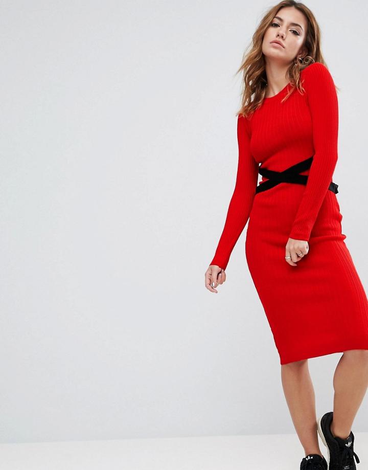 Asos Knitted Ribbed Dress With Corset Detail - Red
