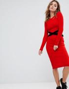 Asos Knitted Ribbed Dress With Corset Detail - Red