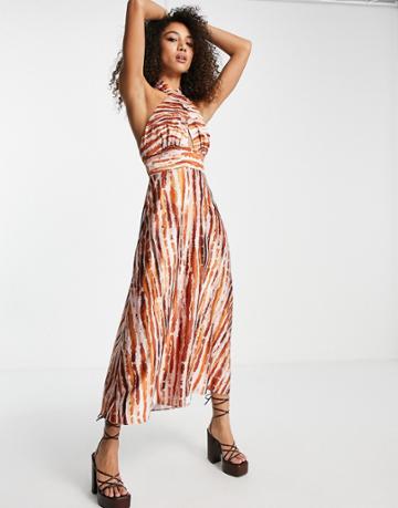 Twisted Wunder Halterneck Midi Dress In Tonal Tie Dye-brown