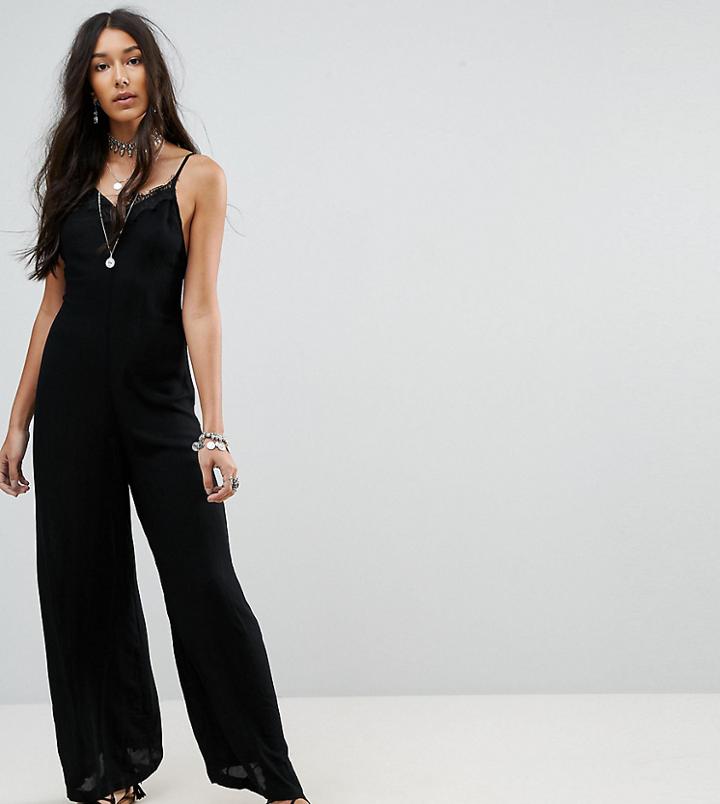 Kiss The Sky Tall Cami Jumpsuit With Wide Leg And Lace Trims - Black