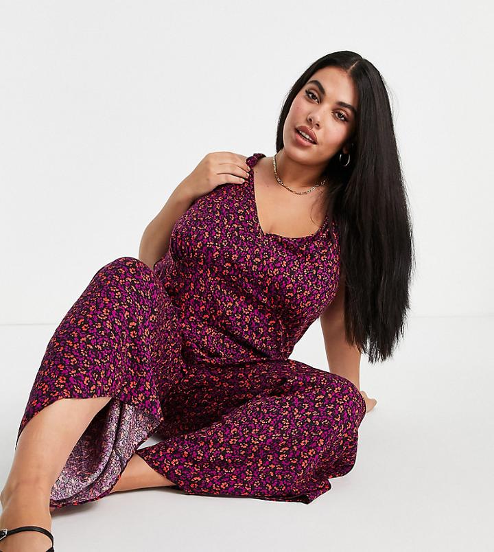 Asos Design Curve 90s Knot Shoulder Jumpsuit In Dark Floral-multi