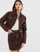 Asos Design Denim Jacket With Mock Horn Buttons In Chocolate - Brown