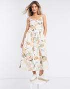 Vila Midi Cami Dress With Button Through In Palm Print-white